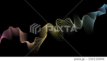 Futuristic geometric abstract shapes neon halftone pulsating wavy lines. Gradient iridescent rainbow sound wave on black background. Modern design for equalizer, audio recording. Vector Futuristic geometric abstract shapes neon halftone pulsating wavy lines. Gradient iridescent rainbow sound wave on black background. Modern design for equalizer, audio recording. Vector 130110940