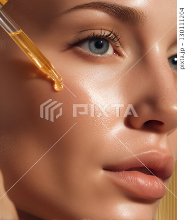 Golden serum dropper applying liquid essence on flawless glowing skin closeup 130111204