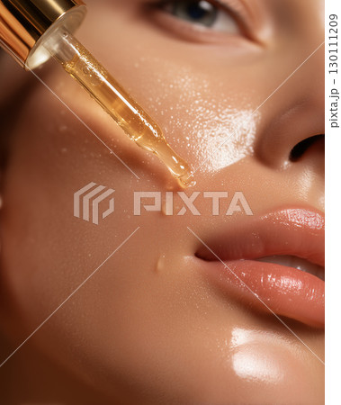 Closeup serum drip on glowing radiant skin for luxury beauty care 130111209