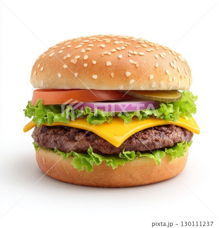 Tasty burger with sesame bun and fresh veggies. Juicy patty with cheese, lettuce, tomato, perfect for fast food lovers. Tasty burger with sesame bun and fresh veggies. Juicy patty with cheese, lettuce, tomato, perfect for fast food lovers. 130111237