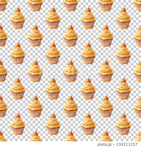 Watercolor repeating pattern of honey cupcakes with fluffy whipped cream and golden drizzle accents. Versatile design for digital papers and food blogs 130111257