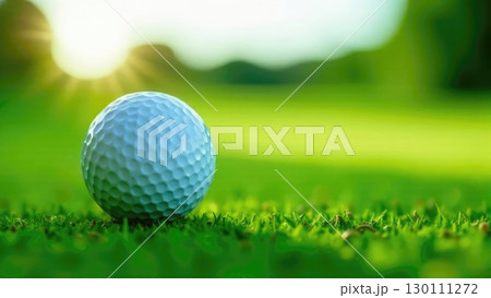White golf ball on pristine putting green with clean space for messaging. Ideal for golf course brochures, training materials or sportswear branding White golf ball on pristine putting green with clean space for messaging. Ideal for golf course brochures, training materials or sportswear branding 130111272