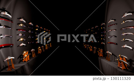 大量の日本刀コレクションが壁に掛けて並べてある武器庫 130111320