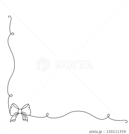 Bow with ribbon decoration frame at the end of the massage, page, invitation, menu. Vector illustration isolated on background template beautiful package for your print or web. Editable stroke line  130111359