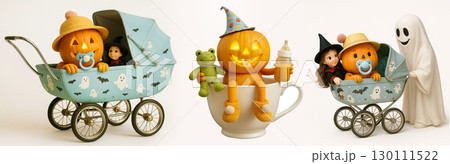 This whimsical composition portrays pumpkins as cute babies and dolls in a stroller and teacup, accompanied by a friendly ghost. The scene is professionally isolated on a clean white background, 130111522