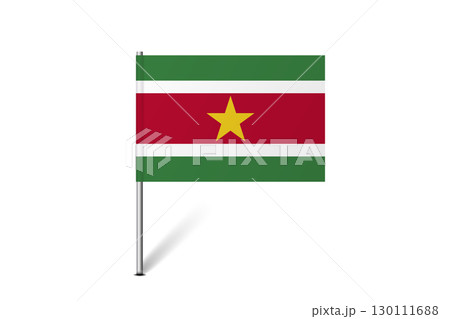 Suriname flag - map pin flag representing a country cultural identity and heritage. The essence of national pride and unity. Map pin flag stuck in a white background 130111688