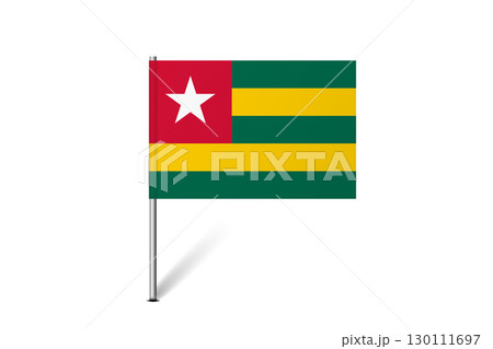 Togo flag - map pin flag representing a country cultural identity and heritage. The essence of national pride and unity. Map pin flag stuck in a white background 130111697