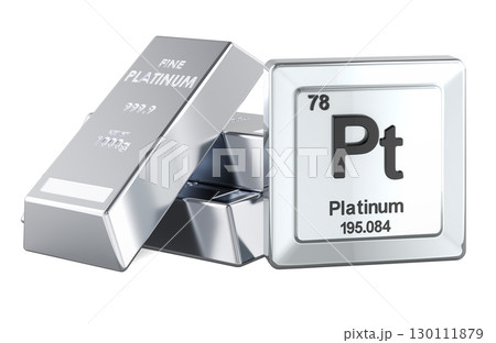 Platinum bullion bars with element symbol. 3D rendering 130111879