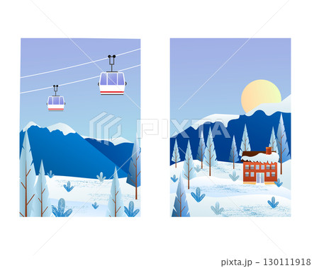 Winter landscape illustrations. Snowy mountains, cable car with cabins and trees. Ski resort illustration for travel design. Flat vector set. 130111918