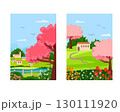 Spring nature landscape illustrations. Scene with village houses, blossoming trees, flowers and path. Fence, river and green hills with village settlement. Countryside illustration. 130111920