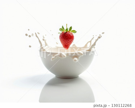 Fresh Delicious Strawberry Splashing into a Bowl of Milk Food 130112268