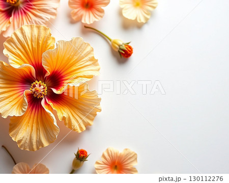 Delicate Hibiscus Floral Arrangement with Light Yellow Petals and White Background 130112276