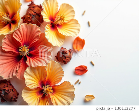 Delicate Close-Up Hibiscus Blossom Arrangement on Clean White Background Still Life 130112277