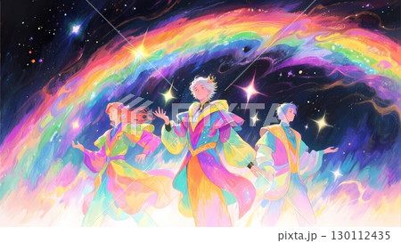 虹の星雲を背景に和装で踊る若者のイラスト 130112435