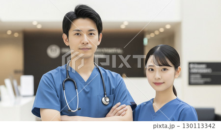 男性と女性の医療従事者　病院のロビーにて 130113342