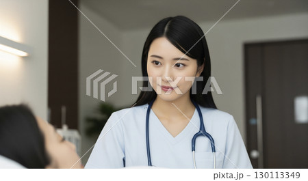 女性看護師　病院のベッドの患者に寄り添う 130113349