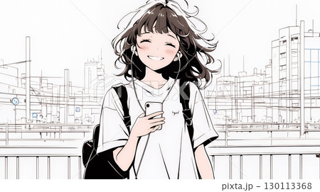 嬉しそうな表情でスマホを使っている女性（シンプルな色使い）