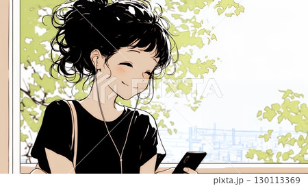 嬉しそうな表情でスマホを使っている女性（シンプルな色使い）