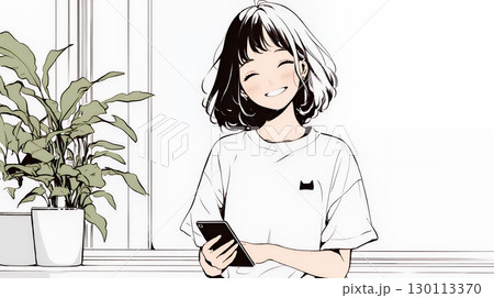 嬉しそうな表情でスマホを使っている女性（シンプルな色使い）