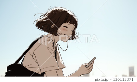 嬉しそうな表情でスマホを使っている女性（シンプルな色使い）