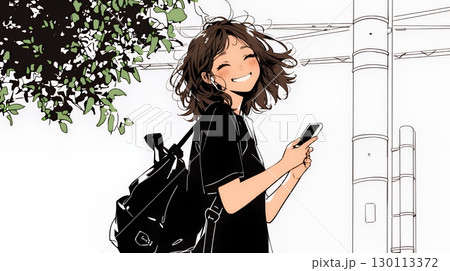 嬉しそうな表情でスマホを使っている女性（シンプルな色使い）
