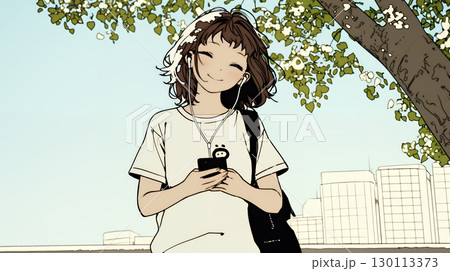 嬉しそうな表情でスマホを使っている女性（シンプルな色使い）