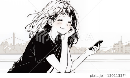 嬉しそうな表情でスマホを使っている女性（シンプルな色使い）