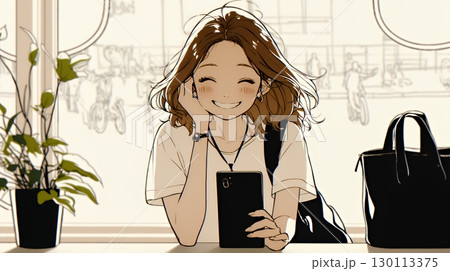 嬉しそうな表情でスマホを使っている女性（シンプルな色使い）