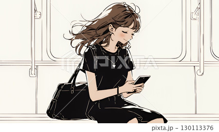 嬉しそうな表情でスマホを使っている女性（シンプルな色使い）