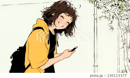 嬉しそうな表情でスマホを使っている女性（シンプルな色使い）