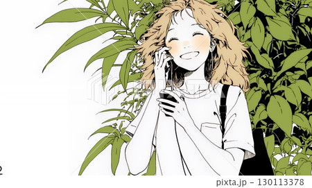 嬉しそうな表情でスマホを使っている女性（シンプルな色使い）