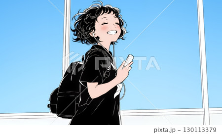 嬉しそうな表情でスマホを使っている女性（シンプルな色使い）