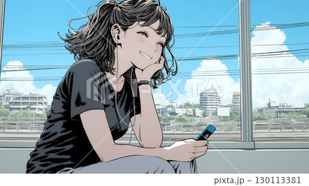 嬉しそうな表情でスマホを使っている女性