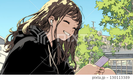 嬉しそうな表情でスマホを使っている女性
