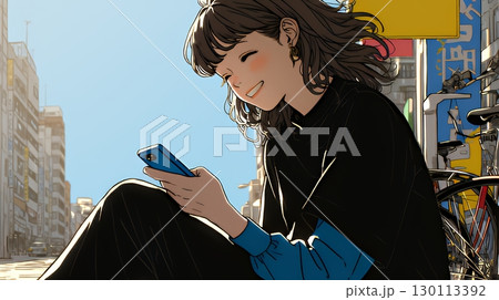 嬉しそうな表情でスマホを使っている女性