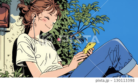 嬉しそうな表情でスマホを使っている女性