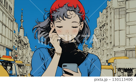 嬉しそうな表情でスマホを使っている女性