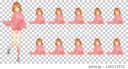 Cute hoodie girl anime touch illustration - facial expression difference 130113572