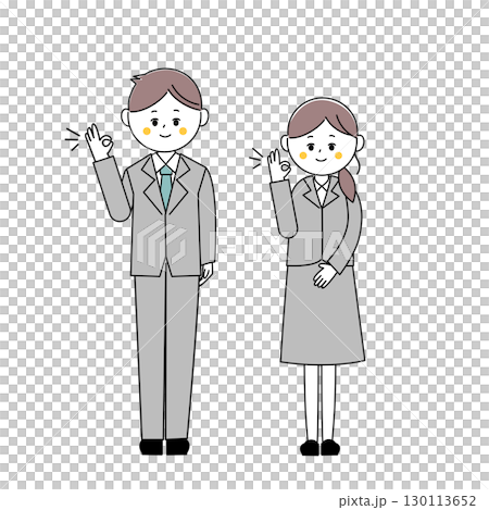 穿著西裝的男人和女人的全身插圖，擺出「OK」姿勢 130113652