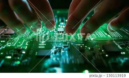 A closeup of hands working on circuit boards with precision 130113919
