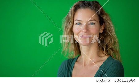 A wellness coach with a warm smile leaning slightly forward surrounded by lush green 130113964