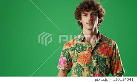 The individual is wearing a casual colorful shirt 130114041