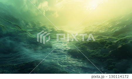 A serene and ethereal landscape of light and shadow represents the peaceful balance achieved through the unification of opposing forces 130114172