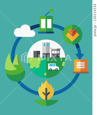 An illustration of the circular economy with pictures of products at different stages of their lifecycle emphasizing the value of repurposing and recycling in creating a. Vector illustration. 130114338