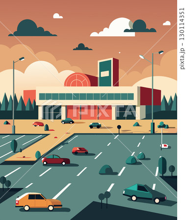 An empty parking lot in front of a mall with only a few cars tered throughout a sign of a struggling retail industry.. Vector illustration. 130114351