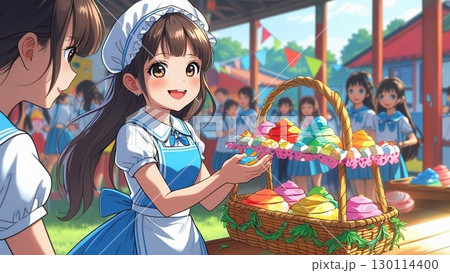 学園祭でお菓子を配る女の子 学園祭でお菓子を配る女の子 130114400