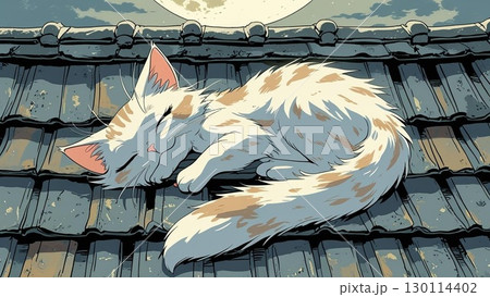 瓦屋根の上で眠る猫 130114402