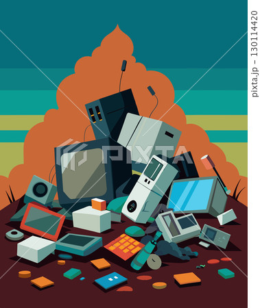 Discarded electronics and appliances clutter abandoned lots creating an ewaste disaster.. Vector illustration. Discarded electronics and appliances clutter abandoned lots creating an ewaste disaster.. Vector illustration. 130114420