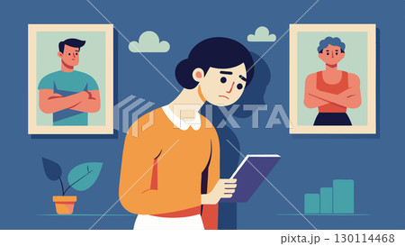 When looking at old photos he could only see his smaller less muscular self unable to recognize his own progress and improvement.. Vector illustration. 130114468