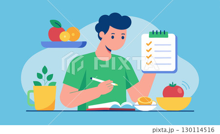The man starts keeping a food journal making note of his meals and snacks to become more mindful of his eating habits.. Vector illustration. 130114516